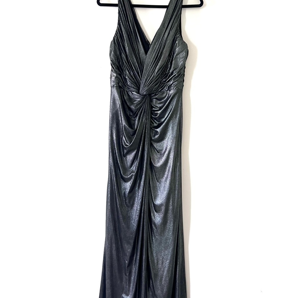 Tadashi Collection Grey Gunmetal Shimmer V Neck Front Slit Sleeveless Gown Large